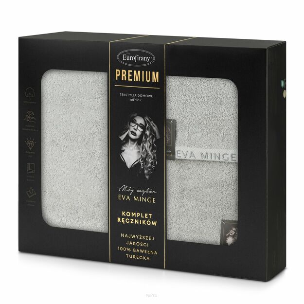 Komplet Ręczników VENUS Eva Minge srebrne zdobione bordiurą w kolorze ręcznika z napisami projektantki z kolekcji Premium 550 g/m2