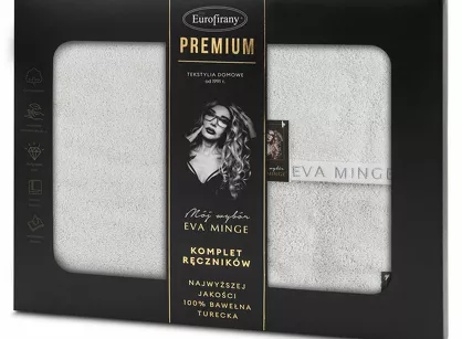 Komplet ręczników VENUS Eva Minge srebrne zdobione bordiurą w kolorze ręcznika z napisami projektantki z kolekcji Premium