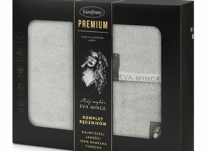 Komplet ręczników VENUS Eva Minge srebrne zdobione bordiurą w kolorze ręcznika z napisami projektantki z kolekcji Premium