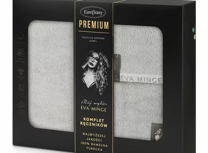 Komplet ręczników VENUS Eva Minge srebrne zdobione bordiurą w kolorze ręcznika z napisami projektantki z kolekcji Premium