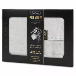 Komplet ręczników VENUS Eva Minge srebrne zdobione bordiurą w kolorze ręcznika z napisami projektantki z kolekcji Premium