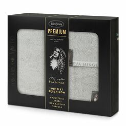 Komplet Ręczników VENUS Eva Minge srebrne zdobione bordiurą w kolorze ręcznika z napisami projektantki z kolekcji Premium 550 g/m2