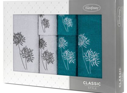 Komplet ręczników 6 szt. ACELIA ciemny turkus srebrne z haftowanym wzorem kwiatów facelii w kartonowym pudełku
