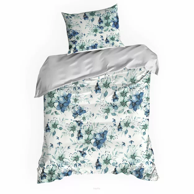 Pościel satynowa 140x200 SPRING 54 biała z niebieskim nadrukiem kwiatów