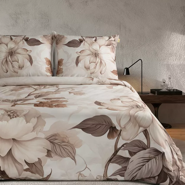 Pościel z makosatyny 160x200 DAKOTA Eva Minge beżowa brązowa wzór botaniczny Premium