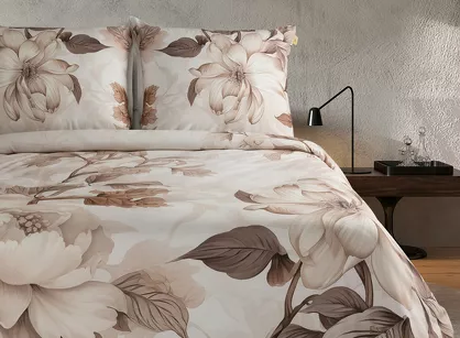 Pościel z makosatyny 160x200 DAKOTA Eva Minge beżowa brązowa wzór botaniczny Premium