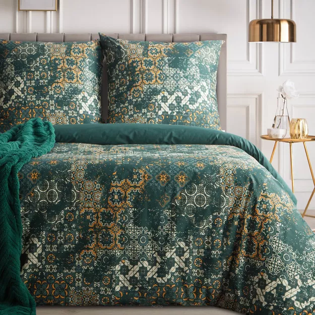 Pościel satynowa 140x200 SPRING 69 ciemna zieleń beż z nadrukiem mozaiki z kolekcji Classic