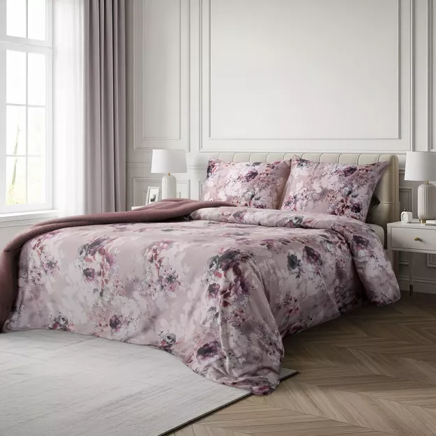 Pościel z makosatyny 160x200 REINA 51 beżowa fioletowa z wzorem kwiatów z kolekcji Reina Line