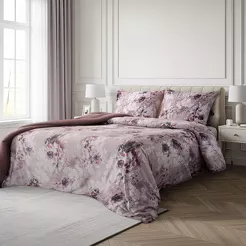 Pościel z makosatyny 160x200 REINA 51 beżowa fioletowa z wzorem kwiatów z kolekcji Reina Line