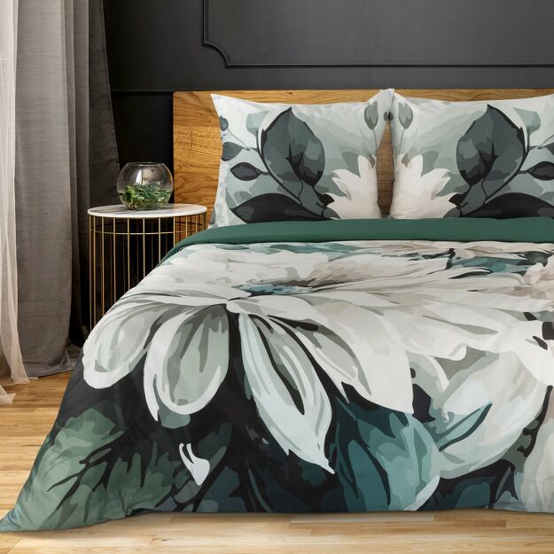 Pościel z makosatyny 220x200 LINDA ciemna zieleń wzór kwiatowy z kolekcji Premium