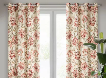 Zasłona na przelotkach 140x250 JENNY z naturalnej tkaniny w stylu eko z nadrukiem różowych kwiatów