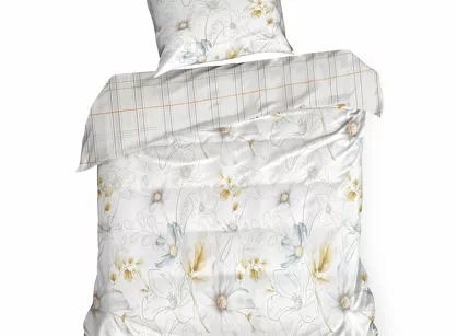 Pościel bawełniana 140x200 LEA 9 biała musztardowa w kwiaty dwustronna Design 91