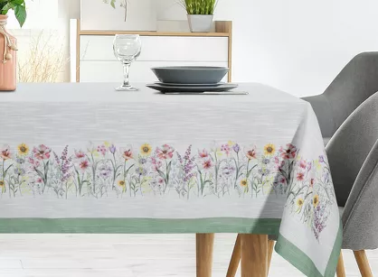 Obrus 140x220 SUMMER 9 naturalny zielony z nadrukowanym wzorem kwiatów polnych