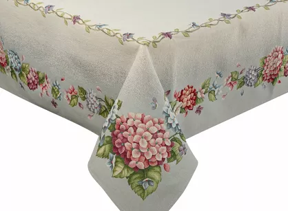 Obrus gobelinowy 140x180 1227 popielaty z wzorem kwiatów hortensji
