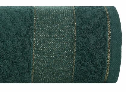 Ręcznik 70x140 NESSY ciemna zieleń z szeroką żakardową bordiurą  przetykaną metaliczną nicią 500 g/m2 