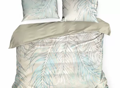 Pościel z satyny 220x200 PREMIUM 26 beżowa z wzorem miętowych liści palm z kolekcji Premium