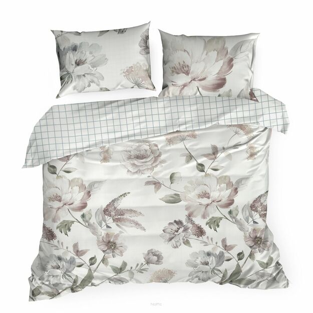 Pościel z makosatyny 220x200 ROSALIA biała pudrowy wzór kwiatowy dwustronna Premium