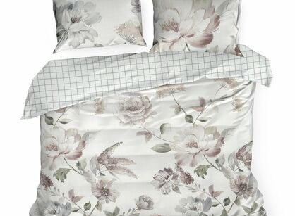 Pościel z makosatyny 220x200 ROSALIA biała pudrowy wzór kwiatowy dwustronna Premium