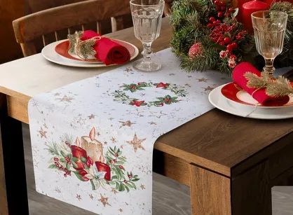 Bieżnik świąteczny 45x140 1270 gobelinowy naturalny z z wzorem gwiazdy betlejemskiej