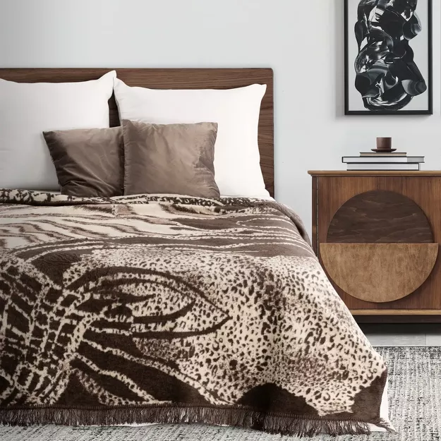 Koc bawełniany 220x240 AKRYL 1 Eva Minge brązowy kremowy dwustronny z frędzlami