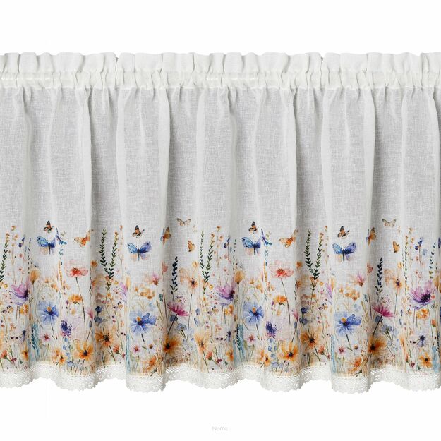 Zazdrostka w tunelu 150x60 ROZALIE biała z etaminy zdobiona koronką z nadrukiem wiosennych kwiatów