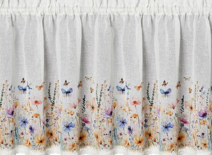Zazdrostka w tunelu 150x60 ROZALIE biała z etaminy zdobiona koronką z nadrukiem wiosennych kwiatów