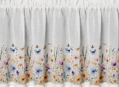 Zazdrostka w tunelu 150x60 ROZALIE biała z etaminy zdobiona koronką z nadrukiem wiosennych kwiatów