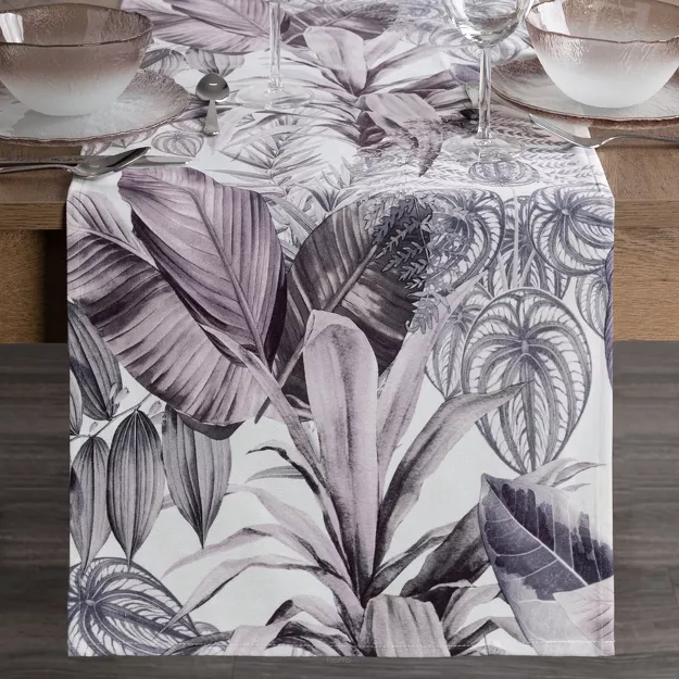 Bieżnik welwetowy 40x140 DAVOS 2 biały pikowany z wzorem egzotycznych fioletowych i szarych liści