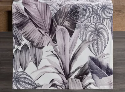 Bieżnik welwetowy 40x140 DAVOS 2 biały pikowany z wzorem egzotycznych fioletowych i szarych liści