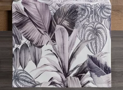 Bieżnik welwetowy 40x140 DAVOS 2 biały pikowany z wzorem egzotycznych fioletowych i szarych liści