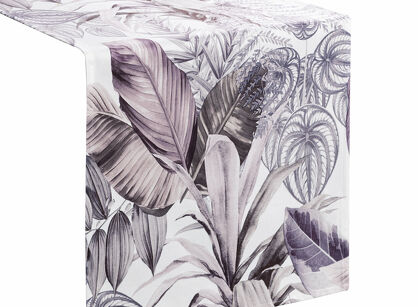 Bieżnik welwetowy 40x140 DAVOS 2 biały pikowany z wzorem egzotycznych fioletowych i szarych liści