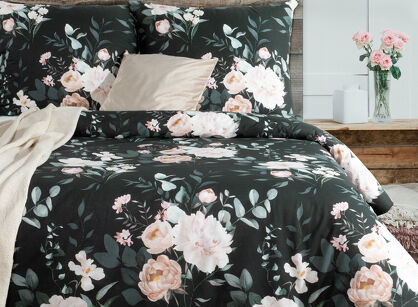 Pościel bawełniana 140x200 ROSITA 1 czarna szałwiowa z wzorem róż z kolekcji Classic