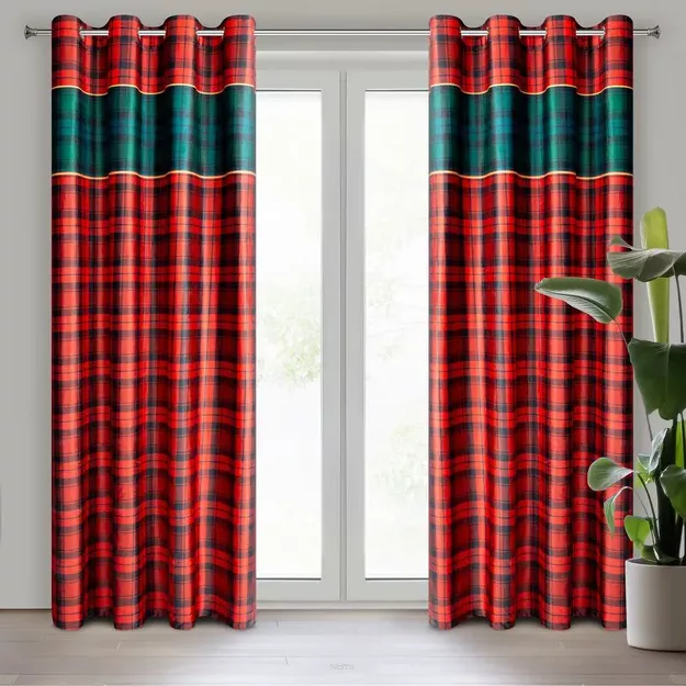 Zasłona świąteczna 140x250 CHERRY welwetowa czerwona z zieloną kratką na przelotkach