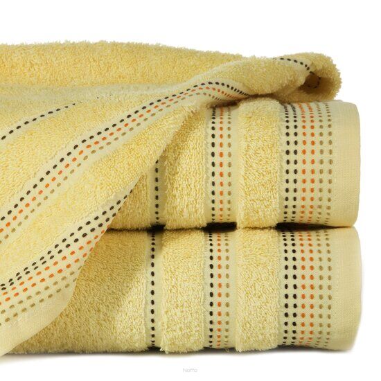 Ręcznik bawełniany 70x140 POLA żółty z kolorową bordiurą zakończoną stebnowaniem