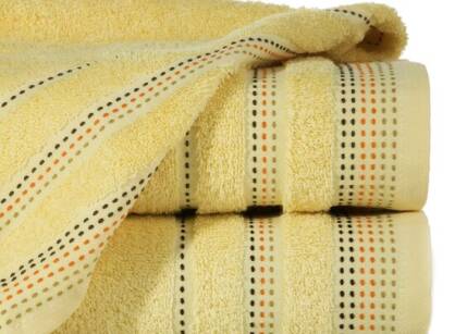 Ręcznik bawełniany 70x140 POLA żółty z kolorową bordiurą zakończoną stebnowaniem