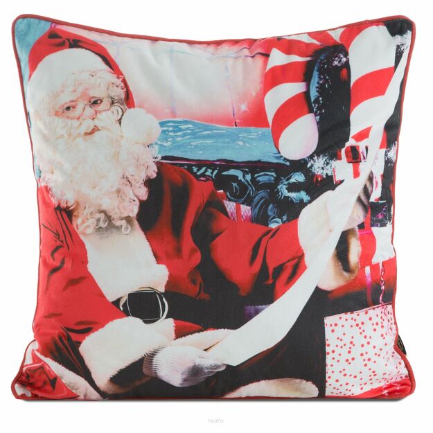 Poszewka świąteczna 45x45 132 welwetowa czerwona z Mikołajem i obszyta lamówką