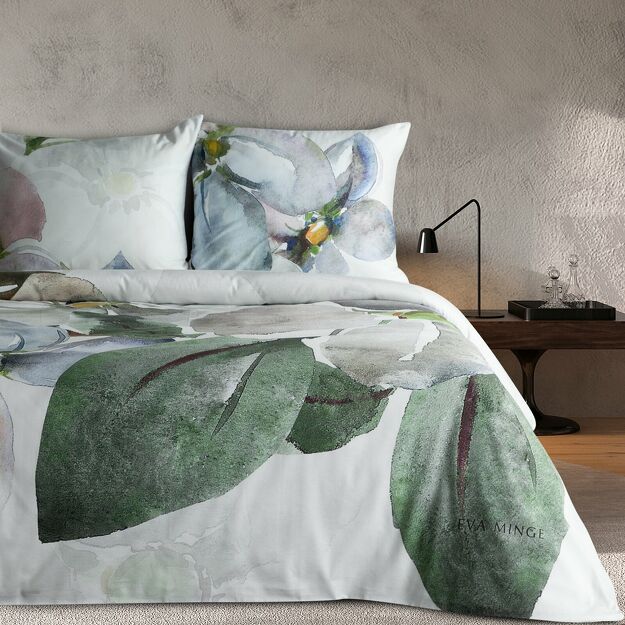 Pościel z makosatyny 160x200 ALICE Eva Minge biała zielona wzór kwiatowy Premium