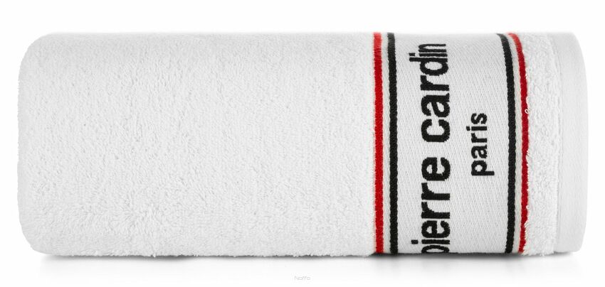 Ręcznik KARL 50x90 KARL Pierre Cardin biały zdobiony kontrastową bordiurą z napisami Pierre Cardin