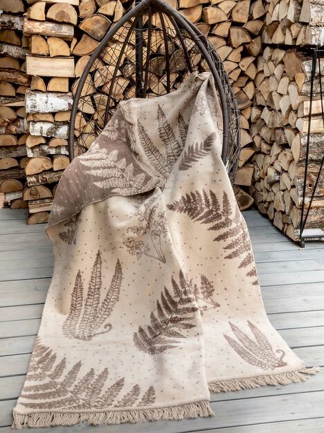 Koc bawełniany 150x200 1393-1 beżowy brązowy w liście z frędzlami