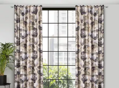 Zasłona na taśmie 140x270 LOTOS beżowa z wzorem zielonych kwiatów i liści lotosu efekt 3D