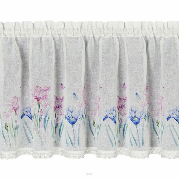 Zazdrostka w tunelu 150x60 DOLOREZ biała z etaminy zdobiona koronką z nadrukiem różowych kwiatów