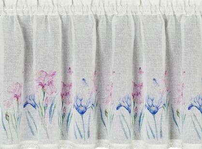 Zazdrostka w tunelu 150x60 DOLOREZ biała z etaminy zdobiona koronką z nadrukiem różowych kwiatów