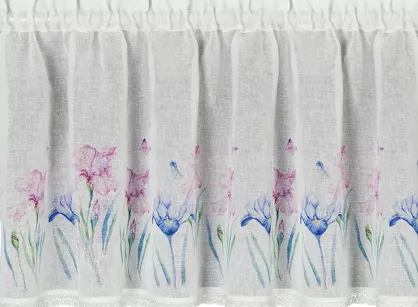 Zazdrostka w tunelu 150x60 DOLOREZ biała z etaminy zdobiona koronką z nadrukiem różowych kwiatów