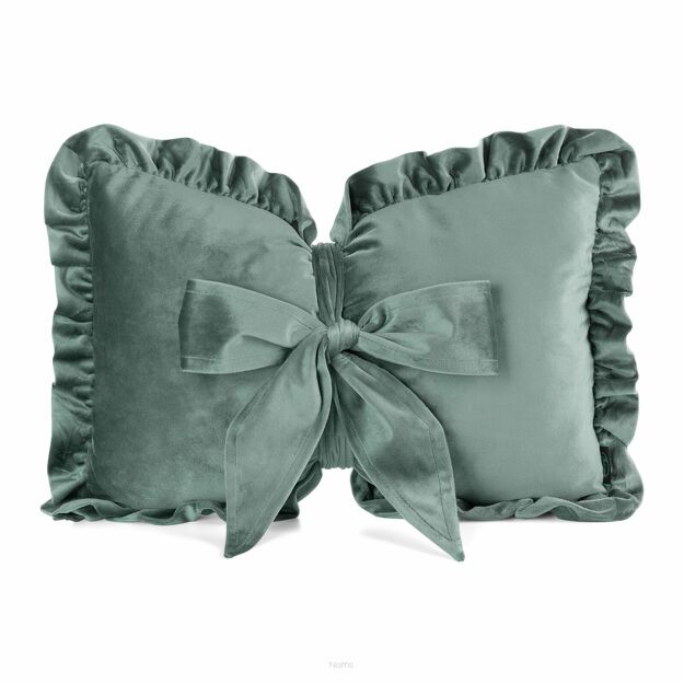 Poduszka welwetowa z wypełnieniem 35x55 KOKARDA 2 miętowa obszyta falbaną