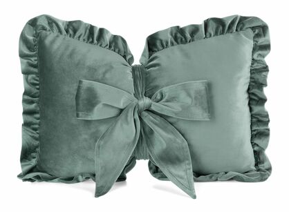 Poduszka welwetowa z wypełnieniem 35x55 KOKARDA 2 miętowa obszyta falbaną