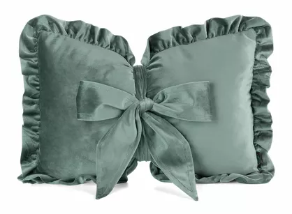 Poduszka welwetowa z wypełnieniem 35x55 KOKARDA 2 miętowa obszyta falbaną