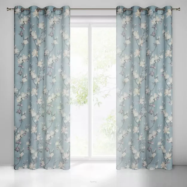 Zasłona na przelotkach 140x250 LUNA popielata o strukturze płótna zdobiona pastelowym nadrukiem różowych kwiatów