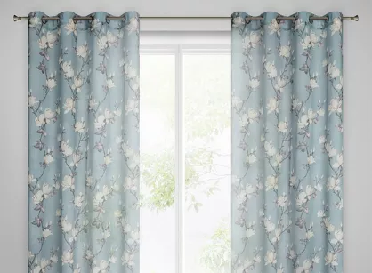 Zasłona na przelotkach 140x250 LUNA popielata o strukturze płótna zdobiona pastelowym nadrukiem różowych kwiatów