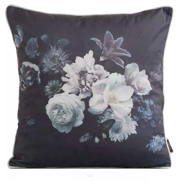 Poszewka welwetowa 45x45 VELVET 133 czarna z designerskim fioletowym wzorem botanicznym