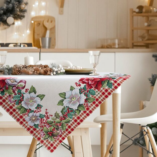 Obrus świąteczny 140x180 1273 gobelinowy naturalny z wzorem gwiazdy betlejemskiej